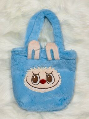 Blue Plush Kids Labubu Tote Bag with Character Face